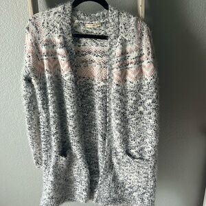 Speckled gray, white, and light pink cardigan